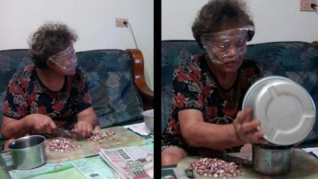 不再流泪！奶奶切葱戴「神秘防护」 网友赞道：专业级，可以申请专利了
