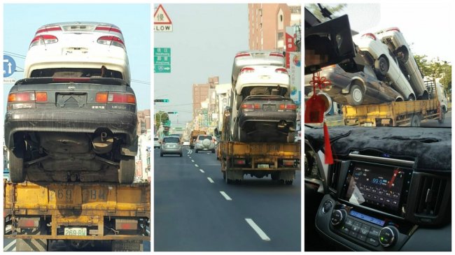 3报废车「叠叠乐」后半悬空 后车驾驶惊：压力好大